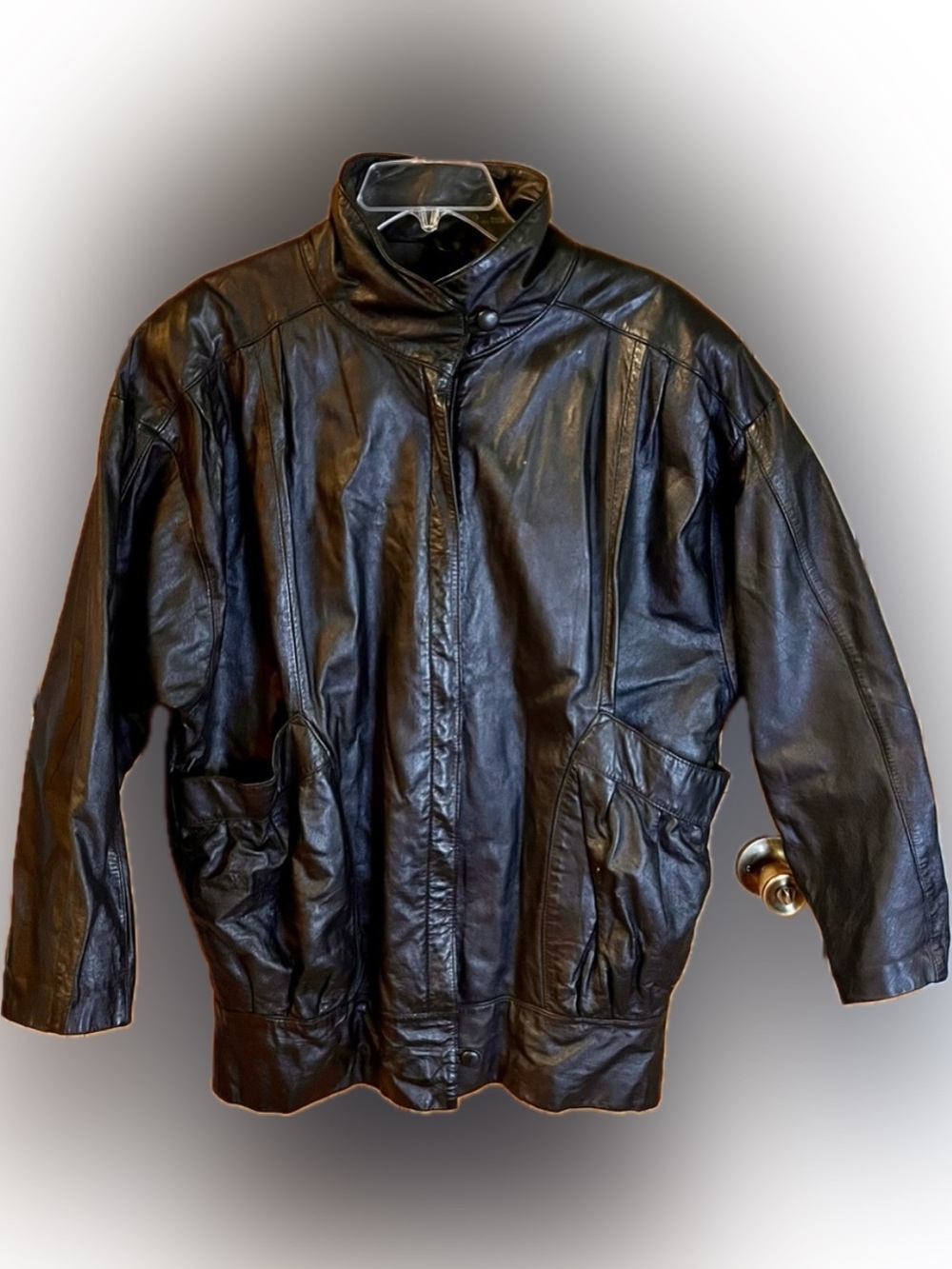 VTG Pelle New York Milano Black Leather Jacket M Mob Wife Shoulder Pads Cinched